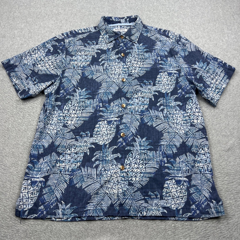 Tommy Bahama Coastal Colada Camp Shirt Mens Large Blue Pineapple IslandZone Silk